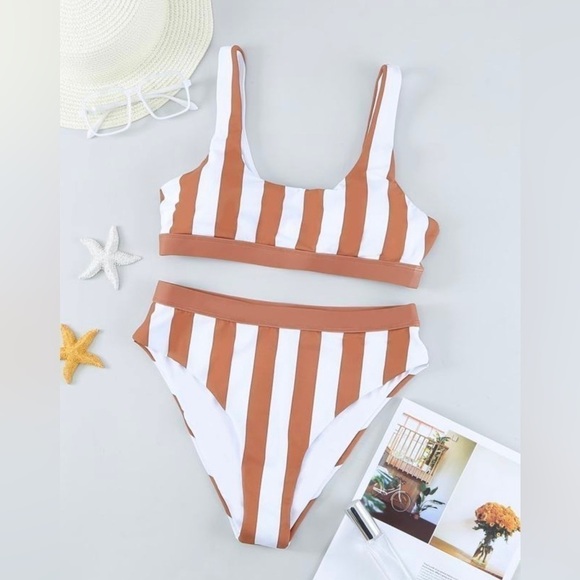 Other - NWT BROWN WHITE ATHLETIC STRIPED TANK HIGH WAISTED BIKINI | 2 Piece Swimsuit